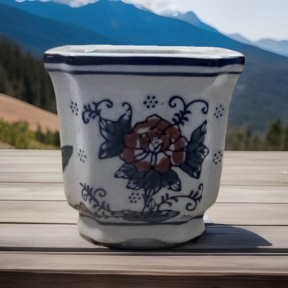 Vintage Chinoiserie Floral Butterflies Ceramic Hand Painted 4" Indoor Planter - Picture 2 of 12